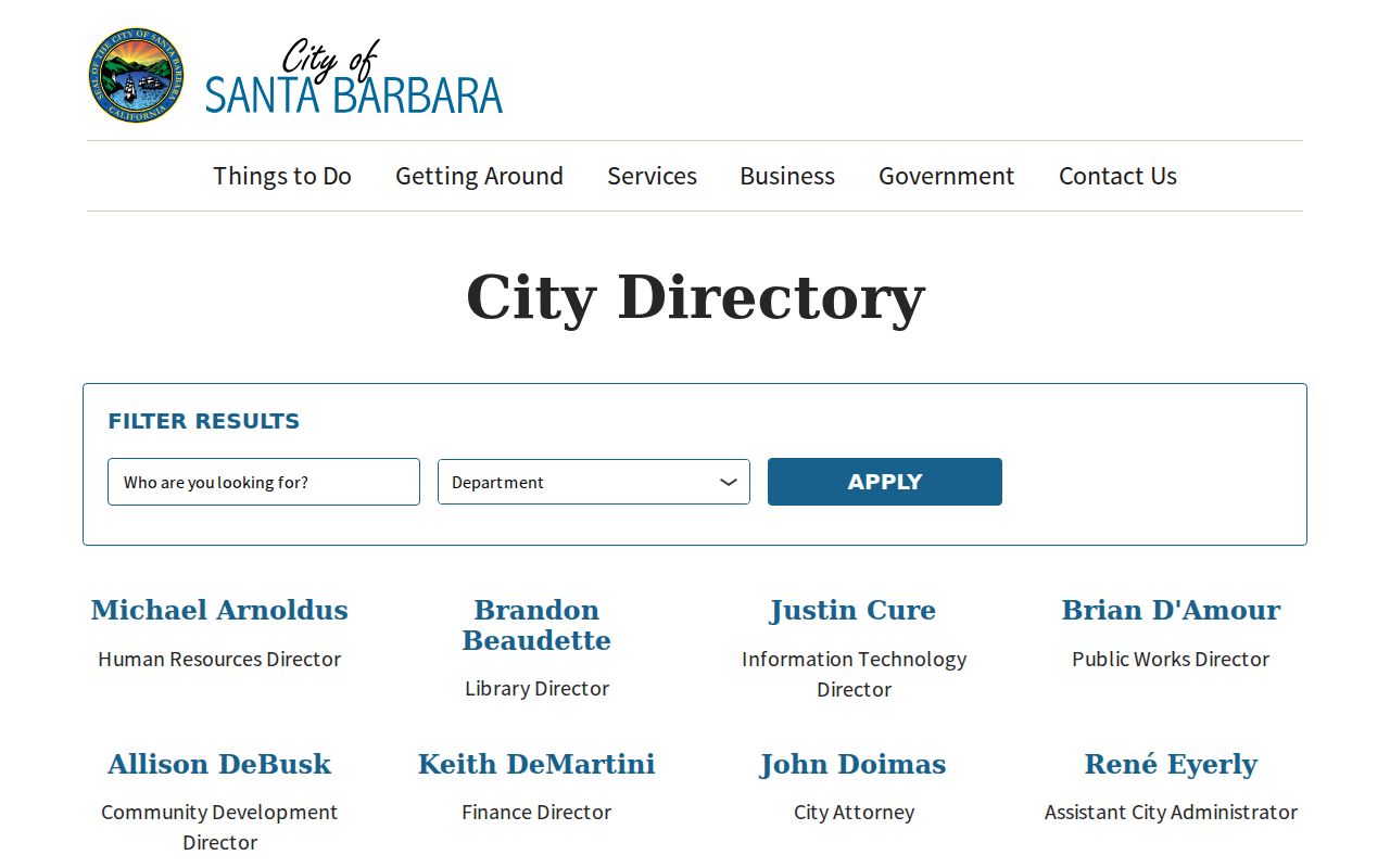 Santa Barbara County people search view of the City of Santa Barbara staff directory