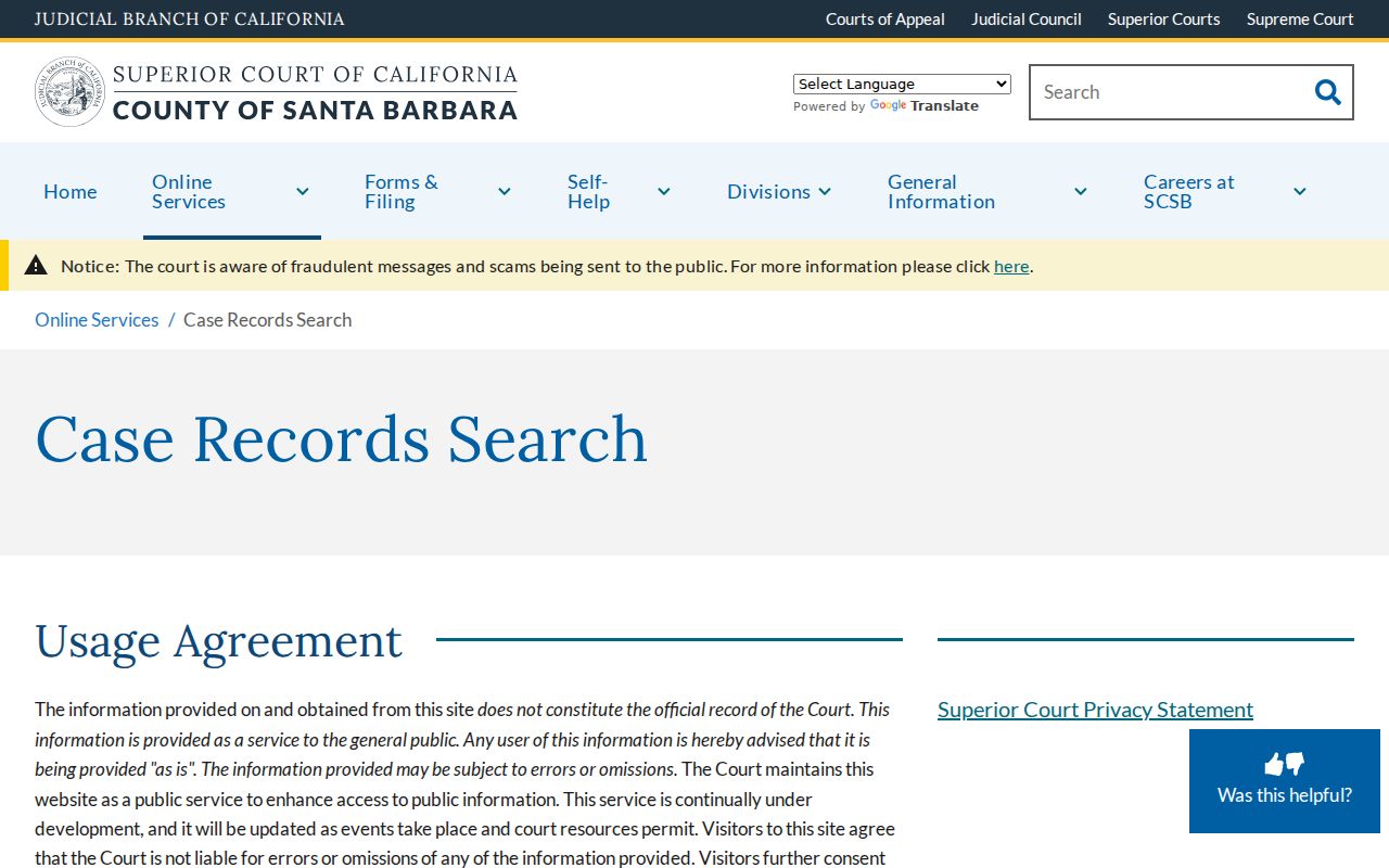 Santa Barbara County people search entry for Superior Court case records